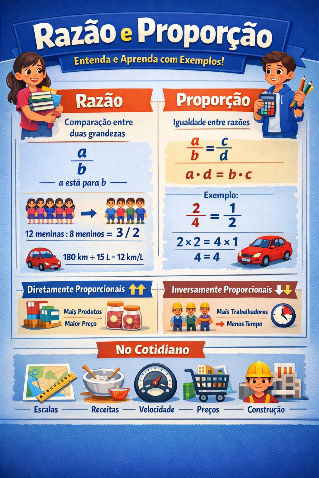 Infográfico de razão e proporção: definição de razão (a/b), proporção (a/b = c/d), exemplos e aplicações no cotidiano
