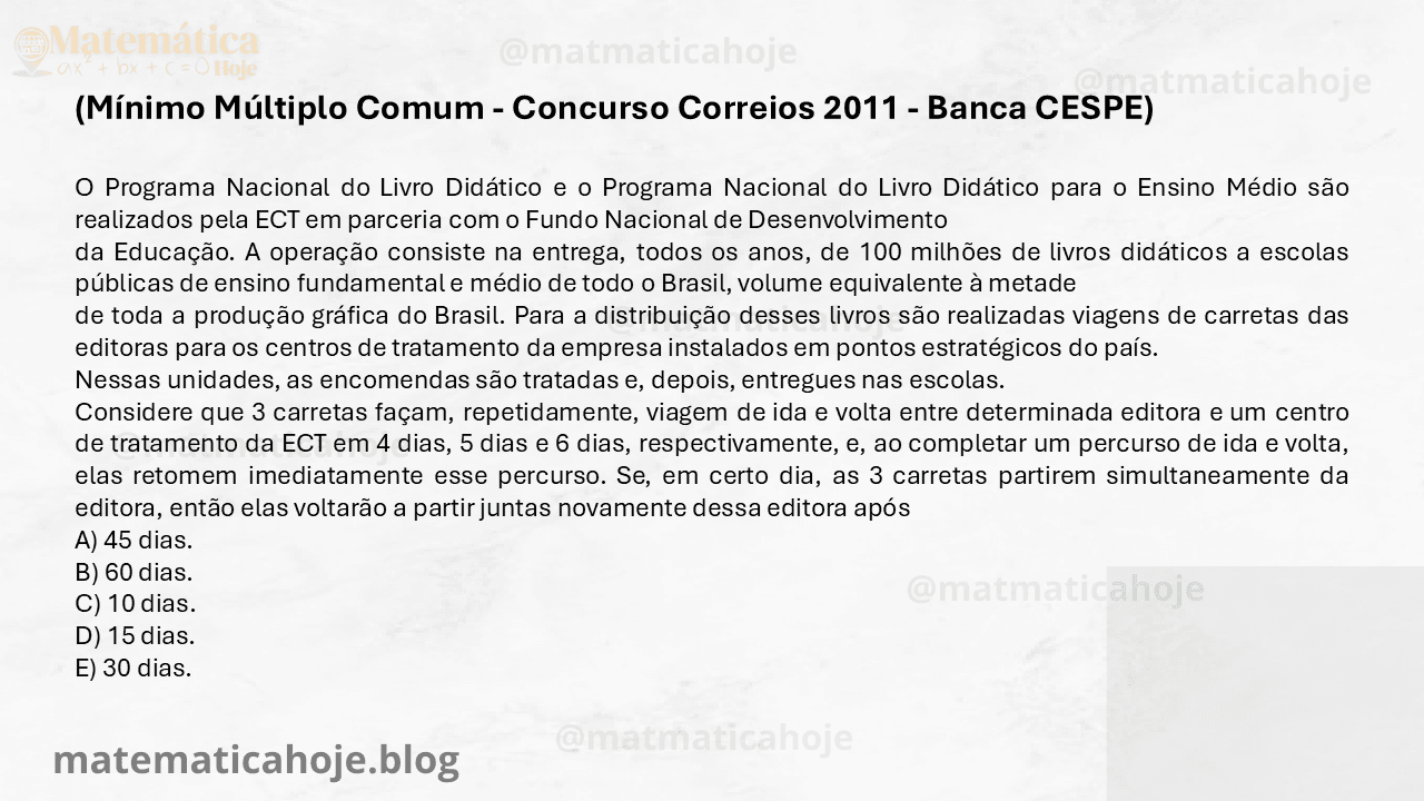 Mínimo múltiplo comum (MMC) em concursos CESPE, cálculo de MMC em problemas práticos Correios, fatoração de números em concursos públicos,