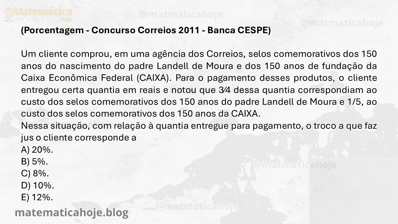 Frações em concursos CESPE, operações com frações Correios, cálculo de porcentagem banca CESPE, interpretação de problemas de porcentagem Correios,