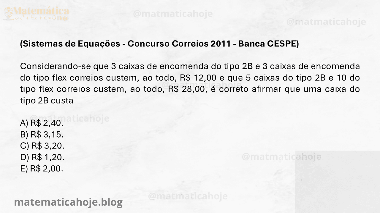 Sistemas de equações lineares CESPE, resolução de problemas de custo Correios, álgebra básica em concursos CESPE, cálculo de preço unitário banca Correios, equações simultâneas CESPE, interpretação de problemas financeiros Correios,