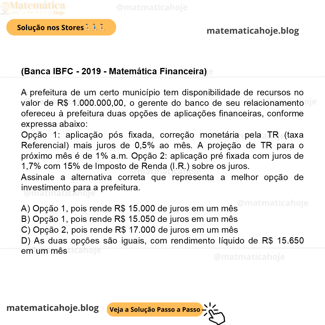 (Banca IBFC - 2019 - Matemática Financeira) A prefeitura de um certo município tem disponibilidade de recursos no valor de R$ 1.000.000,00, o gerente do banco de seu relacionamento ofereceu à prefeitura duas opções de aplicações financeiras, conforme expressa abaixo: Opção 1: aplicação pós fixada, correção monetária pela TR (taxa Referencial) mais juros de 0,5% ao mês. A projeção de TR para o próximo mês é de 1% a.m. Opção 2: aplicação pré fixada com juros de 1,7% com 15% de Imposto de Renda (I.R.) sobre os juros. Assinale a alternativa correta que representa a melhor opção de investimento para a prefeitura. A) Opção 1, pois rende R$ 15.000 de juros em um mês B) Opção 1, pois rende R$ 15.050 de juros em um mês C) Opção 2, pois rende R$ 17.000 de juros em um mês D) As duas opções são iguais, com rendimento líquido de R$ 15.650 em um mês