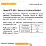 (Banca IBFC - 2019 - Sistema de Unidade de Medidas) Em uma loja, um mesmo refrigerante é vendido em quatro diferentes apresentações, conforme tabela a seguir. Assinale a alternativa que indica em qual das apresentações o produto apresenta o menor preço por litro. Tabela: Preço das diferentes apresentações de um mesmo refrigerante em um A) Garrafa de 250 ml B) Lata de 350 ml C) Garrafa de 1,5 litros D) Garrafa de 2,5 litros