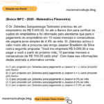 (Banca IBFC - 2020 - Matemática Financeira) O Sr. Zebedeu Sanguessuga Tazinasso precisou de um empréstimo de R$ 5.000,00, foi até o Banco Zen para verificar os custos do empréstimo e foi informado pelo atendente que para o pagamento do empréstimo em 10 vezes mensais e consecutivas, ele pagaria juros simples de 4,5% ao mês. Sr. Zebedeu achou o valor muito alto e procurou seu amigo Jaspion Brasileiro da Silva com a seguinte proposta: “Você me empresta R$ 5.000,00 e vou pagar a você a partir do próximo mês, 10 parcelas mensais e consecutivas de R$ 700,00 cada uma”. Com base nas informações dadas assinale a alternativa correta. A) O juro proposto por Zebedeu para pagamento a Jaspion é > o Juros proposto pelo banco B) O juro proposto por Zebedeu para pagamento a Jaspion é = o Juros proposto pelo banco C) O juro proposto por Zebedeu para pagamento a Jaspion é 4% ao mês D) O juro proposto por Zebedeu para pagamento a Jaspion é 5% ao mês E) O juro proposto por Zebedeu para pagamento a Jaspion é 5,5% ao mês