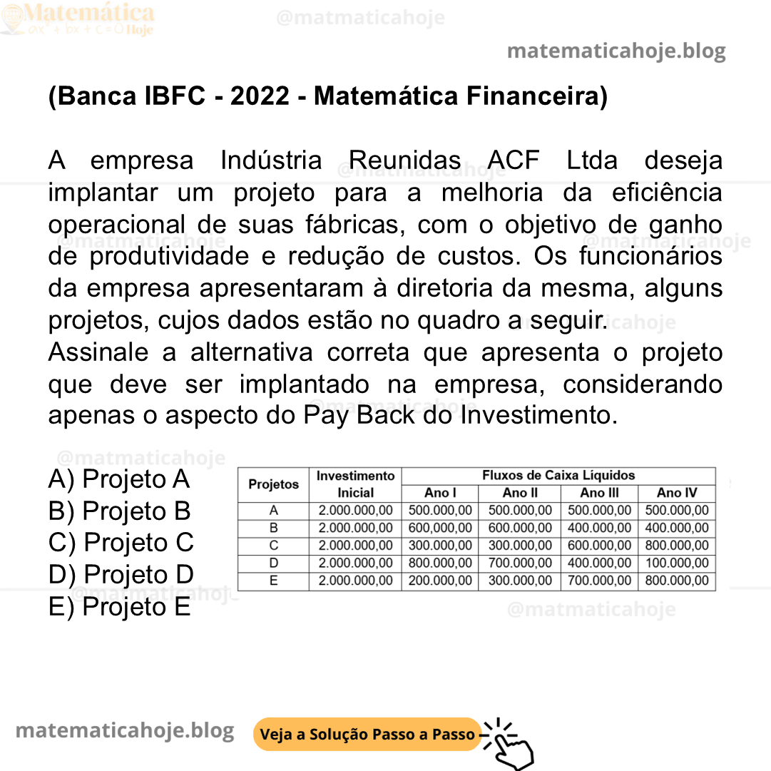 (Banca IBFC - 2022 - Matemática Financeira) A empresa Indústria Reunidas ACF Ltda deseja implantar um projeto para a melhoria da eficiência operacional de suas fábricas, com o objetivo de ganho de produtividade e redução de custos. Os funcionários da empresa apresentaram à diretoria da mesma, alguns projetos, cujos dados estão no quadro a seguir. Assinale a alternativa correta que apresenta o projeto que deve ser implantado na empresa, considerando apenas o aspecto do Pay Back do Investimento. A) Projeto A B) Projeto B C) Projeto C D) Projeto D E) Projeto E