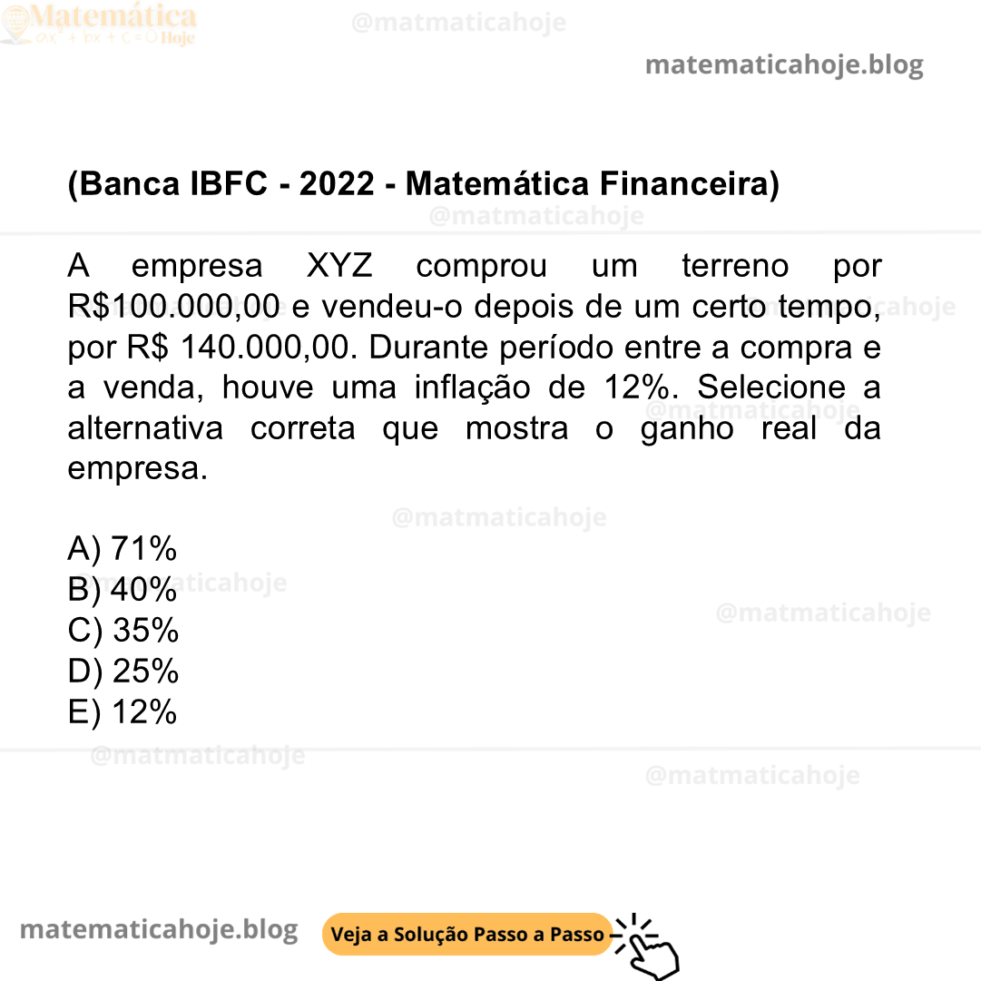 (Banca IBFC - 2022 - Matemática Financeira) A empresa XYZ comprou um terreno por R$100.000,00 e vendeu-o depois de um certo tempo, por R$ 140.000,00. Durante período entre a compra e a venda, houve uma inflação de 12%. Selecione a alternativa correta que mostra o ganho real da empresa. A) 71% B) 40% C) 35% D) 25% E) 12%