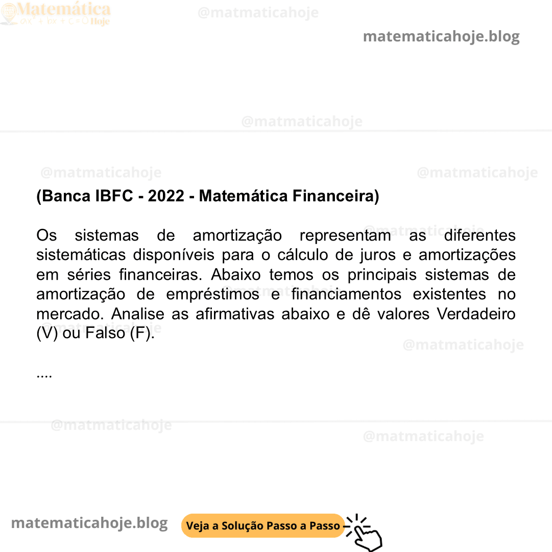 (Banca IBFC - 2022 - Matemática Financeira) Os sistemas de amortização representam as diferentes sistemáticas disponíveis para o cálculo de juros e amortizações em séries financeiras. Abaixo temos os principais sistemas de amortização de empréstimos e financiamentos existentes no mercado. Analise as afirmativas abaixo e dê valores Verdadeiro (V) ou Falso (F). ( ) Sistema De Amortização Americano (SAA) é o mais utilizado pelas instituições financeiras e pelo comércio em geral, em função da igualdade do valor das prestações em todo o período do empréstimo ou financiamento. ( ) Sistema De Amortização Misto (SAM) O financiamento pelo SAM é pago em prestações uniformemente decrescentes, constituídas em duas partes: amortização e juros, que correspondem à média aritmética das respectivas prestações do Sistema De Amortização Americano (SAA) e do Sistema De Amortização Constante (SAC). Enquanto as amortizações são crescentes ao longo dos períodos, os juros dos períodos são decrescentes. ( ) Sistema De Amortização Constante (SAC) Essa modalidade de pagamento também é conhecida como método hamburguês e possui vasta utilização em financiamentos imobiliários (SFH-Sistema Financeiro de Habitação) e em financiamentos às empresas por parte de várias entidades governamentais. ( ) Sistema de Amortização Francês (SAF) Essa modalidade de pagamento é utilizada em diversas situações reais, cabendo destacar: papéis de renda fixa com renda paga periodicamente (letras de câmbio com renda mensal e certificados de depósitos de renda trimestral), no pagamento de juros junto à Caixa Econômica Federal relativo ao penhor de joias ou ao pagamento dos juros da dívida externa brasileira. Assinale a alternativa que apresenta a sequência correta de cima para baixo. A) V - F - F - V B) F - V - F - V C) V - V - V - F D) F - F - V - F