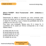 (Banca VUNESP - Nível Fundamental - 2019 - Aritmética e Problemas) Determinado fio elétrico é fornecido em rolos contendo certo número de metros de fio em cada um. Sabe-se que a massa de 1 m desse fio é de 80 g, e que a massa da quantidade total de fio contida em um rolo é de 1,2 kg. Para fazer uma instalação, Afonso usou 33 m desse fio. A quantidade de fio usada por Afonso corresponde a de 2 rolos inteiros mais a A) sexta parte de um rolo. B) quinta parte de um rolo. C) quarta parte de um rolo. D) terça parte de um rolo. E) metade de um rolo.