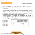(Banca VUNESP - Nível Fundamental - 2019 - Aritmética e Problemas) Joaquim foi ao supermercado com R$25,00 exatos para comprar refrigerante. A tabela relaciona os preços unitários da embalagem de 2 litros de 2 tipos de refrigerantes (A e B) encontrados por Joaquim nesse supermercado. Joaquim comprou 4 unidades do refrigerante do tipo A, e recebeu R$ 2,40 de troco. O preço unitário da embalagem de 2 litros do refrigerante do tipo B era A) R$ 5,40. B) R$ 5,50. C) R$ 5,60. D) R$ 5,80. E) R$ 5,90.