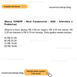 (Banca VUNESP - Nível Fundamental - 2020 - Aritmética e Problemas) Zilda foi à feira, gastou R$ 2,50 em vagem, R$ 3,25 em cebola, R$ 3,55 em banana e R$ 8,70 em laranja. Zilda gastou nessa compra A) R$ 21,00. B) R$ 20,00. C) R$ 19,00. D) R$ 18,00.