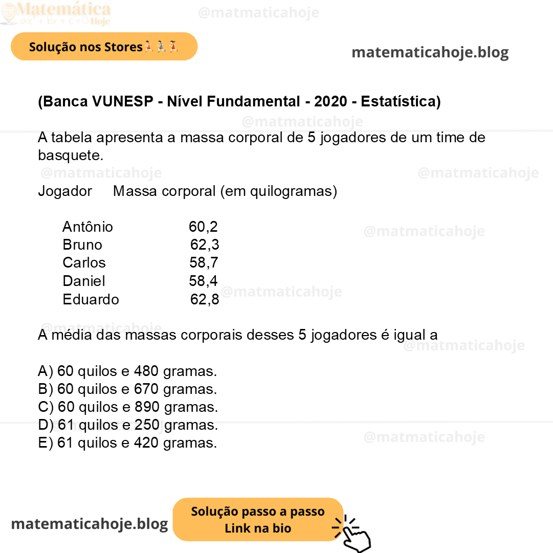 (Banca VUNESP - Nível Fundamental - 2020 - Estatística) A tabela apresenta a massa corporal de 5 jogadores de um time de basquete. Jogador Massa corporal (em quilogramas) Antônio 60,2 Bruno 62,3 Carlos 58,7 Daniel 58,4 Eduardo 62,8 A média das massas corporais desses 5 jogadores é igual a A) 60 quilos e 480 gramas. B) 60 quilos e 670 gramas. C) 60 quilos e 890 gramas. D) 61 quilos e 250 gramas. E) 61 quilos e 420 gramas.