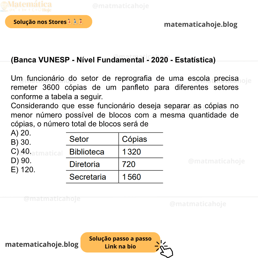 (Banca VUNESP - Nível Fundamental - 2020 - Estatística) Um funcionário do setor de reprografia de uma escola precisa remeter 3600 cópias de um panfleto para diferentes setores conforme a tabela a seguir. Considerando que esse funcionário deseja separar as cópias no menor número possível de blocos com a mesma quantidade de cópias, o número total de blocos será de A) 20. B) 30. C) 40. D) 90. E) 120.