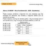 (Banca VUNESP - Nível Fundamental - 2020 - Estatística) Paola compra verduras e legumes de uma empresa que faz entregas em domicílio. Ela recebeu a seguinte tabela com as ofertas da semana: Paola comprou 0,8 Kg de banana prata, 2 Kg de laranja pera e um mamão de 2,1 Kg. A compra de Paola totalizou o valor de A) R$ 15,16. B) R$ 16,60. C) R$ 17,60. D) R$ 19,16. E) R$ 20,60.