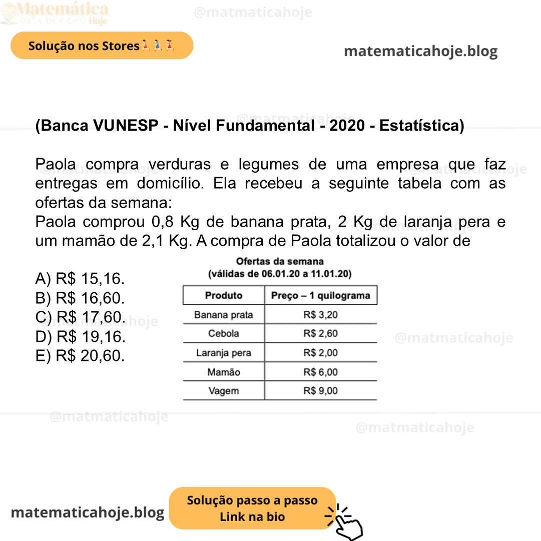 (Banca VUNESP - Nível Fundamental - 2020 - Estatística) Paola compra verduras e legumes de uma empresa que faz entregas em domicílio. Ela recebeu a seguinte tabela com as ofertas da semana: Paola comprou 0,8 Kg de banana prata, 2 Kg de laranja pera e um mamão de 2,1 Kg. A compra de Paola totalizou o valor de A) R$ 15,16. B) R$ 16,60. C) R$ 17,60. D) R$ 19,16. E) R$ 20,60.