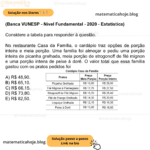 (Banca VUNESP - Nível Fundamental - 2020 - Estatística) Considere a tabela para responder à questão. No restaurante Casa da Família, o cardápio traz opções de porção inteira e meia porção. Uma família foi almoçar e pediu uma porção inteira de picanha grelhada, meia porção de strogonoff de filé mignon e uma porção inteira de peixe à dorê. O valor total que essa família gastou com os pratos pedidos foi A) R$ 48,90. B) R$ 65,10. C) R$ 66,15. D) R$ 73,80. E) R$ 82,50.