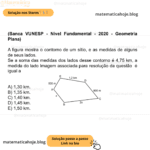 (Banca VUNESP - Nível Fundamental - 2020 - Geometria Plana) A figura mostra o contorno de um sítio, e as medidas de alguns de seus lados. Figura fora de escala Se a soma das medidas dos lados desse contorno é 4,75 km, a medida do lado Imagem associada para resolução da questão é igual a A) 1,30 km. B) 1,35 km. C) 1,40 km. D) 1,45 km. E) 1,50 km.