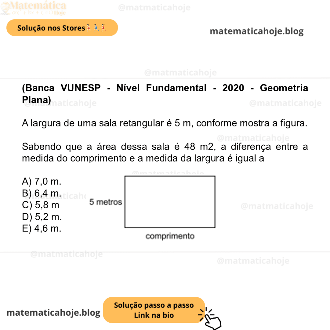 (Banca VUNESP - Nível Fundamental - 2020 - Geometria Plana) Uma sala retangular tem 36 m de perímetro e o seu comprimento é o triplo de sua largura, conforme mostra a figura. Figura fora de escala A medida do maior lado dessa sala é igual a A) 9,0 m. B) 10,5 m. C) 12,0 m. D) 13,5 m. E) 15,0 m.