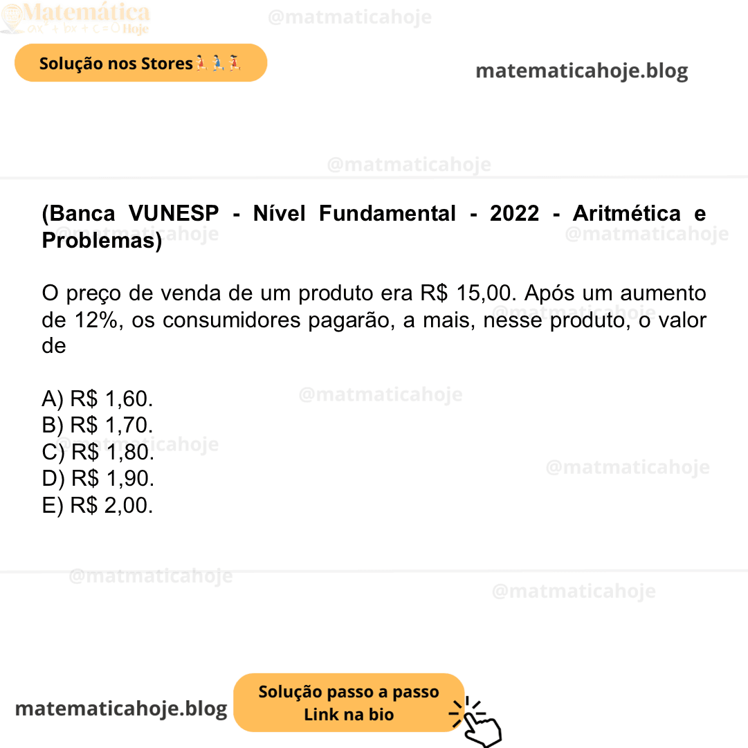 (Banca VUNESP - Nível Fundamental - 2022 - Aritmética e Problemas) O preço de venda de um produto era R$ 15,00. Após um aumento de 12%, os consumidores pagarão, a mais, nesse produto, o valor de A) R$ 1,60. B) R$ 1,70. C) R$ 1,80. D) R$ 1,90. E) R$ 2,00.