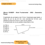 (Banca VUNESP - Nível Fundamental - 2022 - Geometria Plana) O perímetro de um bairro é de 7,6 km. Contornam esse bairro, o trecho de um rio de 2,4 km, uma avenida de 1,9 km, uma estrada de terra de 2,8 km e uma rua de pedras. O comprimento da rua de pedras nesse bairro é de A) 700 m. B) 500 m. C) 400 m. D) 200 m. E) 50 m.