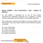 (Banca VUNESP - Nível Fundamental - 2022 - Unidade de Medidas) Em uma gráfica, a impressão de um lote de certo folheto promocional foi totalmente distribuída por 3 máquinas. A tabela mostra a participação de cada máquina na impressão desse lote. Se a impressora C imprimiu 25 unidades por minuto e trabalhou sem interrupções, então para imprimir todos os seus folhetos ela gastou um total de A) 1 hora e 40 minutos. B) 1 hora e 54 minutos. C) 2 horas e 8 minutos. D) 2 horas e 28 minutos. E) 2 horas e 35 minutos.