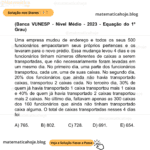 (Banca VUNESP - Nível Médio - 2023 - Equação do 1º Grau) Uma empresa mudou de endereço e todos os seus 500 funcionários empacotaram seus próprios pertences e os levaram para o novo prédio. Essa mudança levou 4 dias e os funcionários tinham números diferentes de caixas a serem transportadas, que não necessariamente foram levadas em um mesmo dia. No primeiro dia, uma parte dos funcionários transportou, cada um, uma de suas caixas. No segundo dia, 20% dos funcionários que ainda não havia transportado caixas, transportou 2 caixas cada. No terceiro dia, 30% de quem já havia transportado 1 caixa transportou mais 1 caixa e 40% de quem já havia transportado 2 caixas transportou mais 2 caixas. No último dia, faltavam apenas as 300 caixas dos 160 funcionários que ainda não tinham transportado caixa alguma. O total de caixas transportadas nesses 4 dias foi A) 765. B) 802. C) 728. D) 691. E) 654.