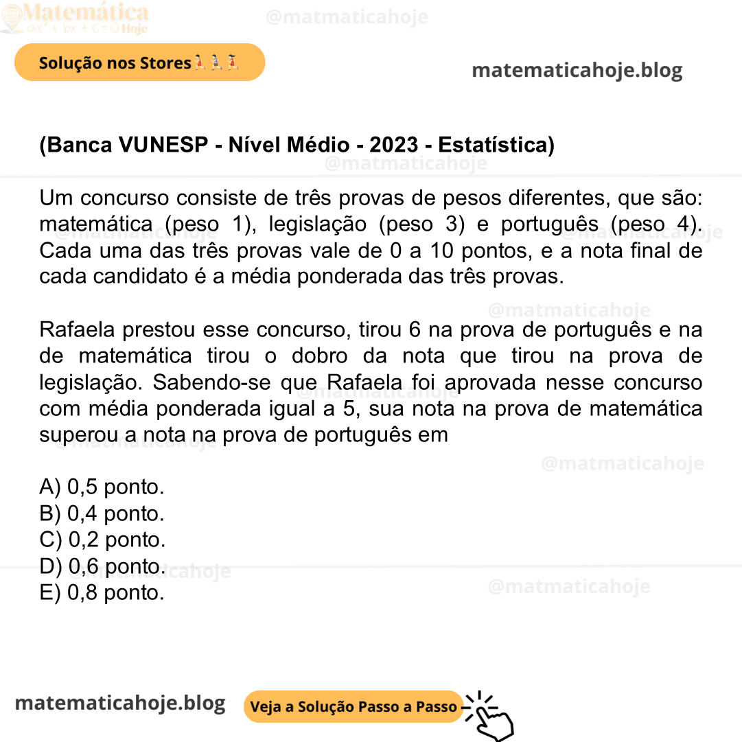 (Banca VUNESP - Nível Médio - 2023 - Estatística) Um concurso consiste de três provas de pesos diferentes, que são: matemática (peso 1), legislação (peso 3) e português (peso 4). Cada uma das três provas vale de 0 a 10 pontos, e a nota final de cada candidato é a média ponderada das três provas. Rafaela prestou esse concurso, tirou 6 na prova de português e na de matemática tirou o dobro da nota que tirou na prova de legislação. Sabendo-se que Rafaela foi aprovada nesse concurso com média ponderada igual a 5, sua nota na prova de matemática superou a nota na prova de português em A) 0,5 ponto. B) 0,4 ponto. C) 0,2 ponto. D) 0,6 ponto. E) 0,8 ponto.