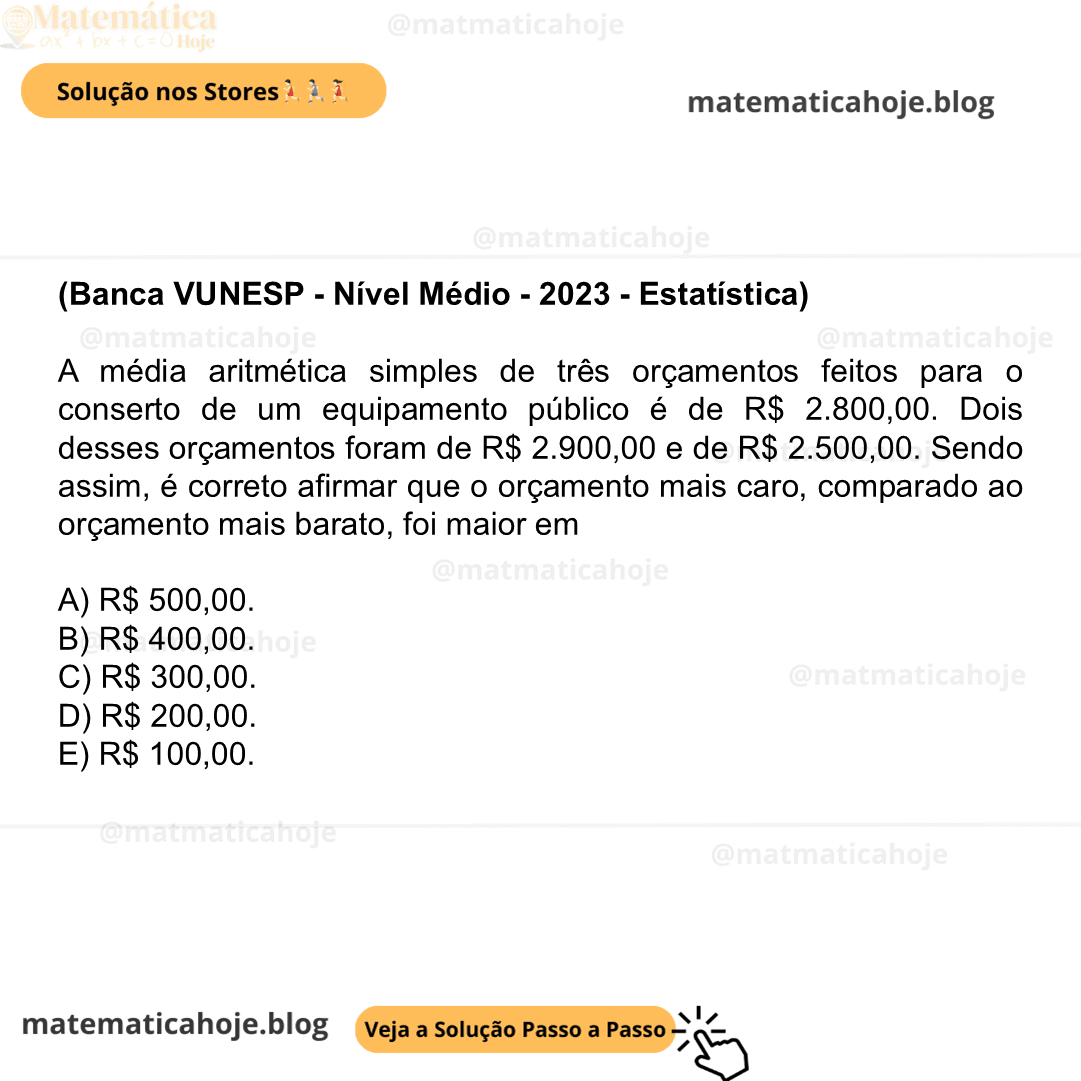 (Banca VUNESP - Nível Médio - 2023 - Estatística) A média aritmética simples de três orçamentos feitos para o conserto de um equipamento público é de R$ 2.800,00. Dois desses orçamentos foram de R$ 2.900,00 e de R$ 2.500,00. Sendo assim, é correto afirmar que o orçamento mais caro, comparado ao orçamento mais barato, foi maior em A) R$ 500,00. B) R$ 400,00. C) R$ 300,00. D) R$ 200,00. E) R$ 100,00.
