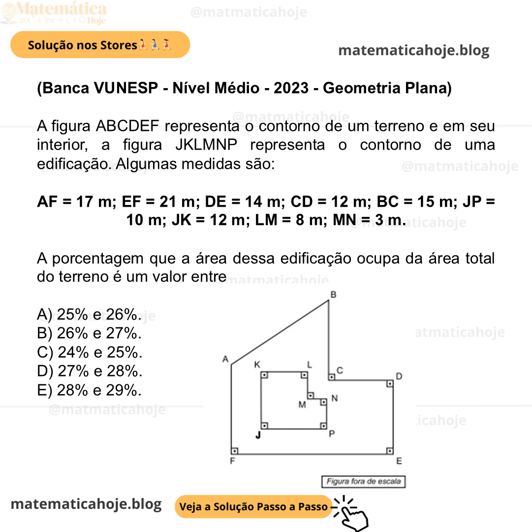 (Banca VUNESP - Nível Médio - 2023 - Geometria Plana) A figura ABCDEF representa o contorno de um terreno e em seu interior, a figura JKLMNP representa o contorno de uma edificação. Algumas medidas são: AF = 17 m; EF = 21 m; DE = 14 m; CD = 12 m; BC = 15 m; JP = 10 m; JK = 12 m; LM = 8 m; MN = 3 m. (Arquivo pessoal; imagem usada com autorização) A porcentagem que a área dessa edificação ocupa da área total do terreno é um valor entre A) 25% e 26%. B) 26% e 27%. C) 24% e 25%. D) 27% e 28%. E) 28% e 29%.