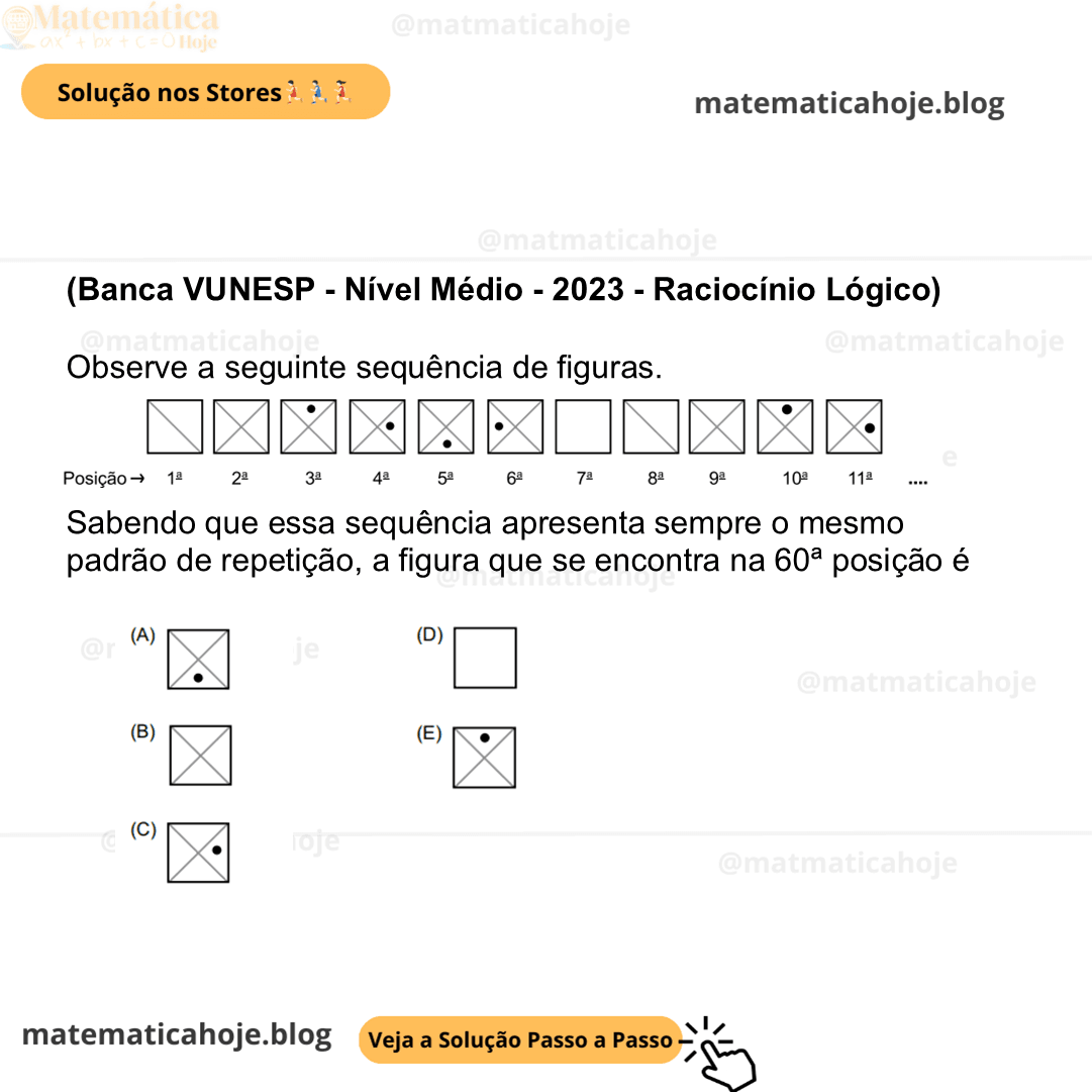 (Banca VUNESP - Nível Médio - 2023 - Raciocínio Lógico) Observe a seguinte sequência de figuras. Sabendo que essa sequência apresenta sempre o mesmo padrão de repetição, a figura que se encontra na 60ª posição é