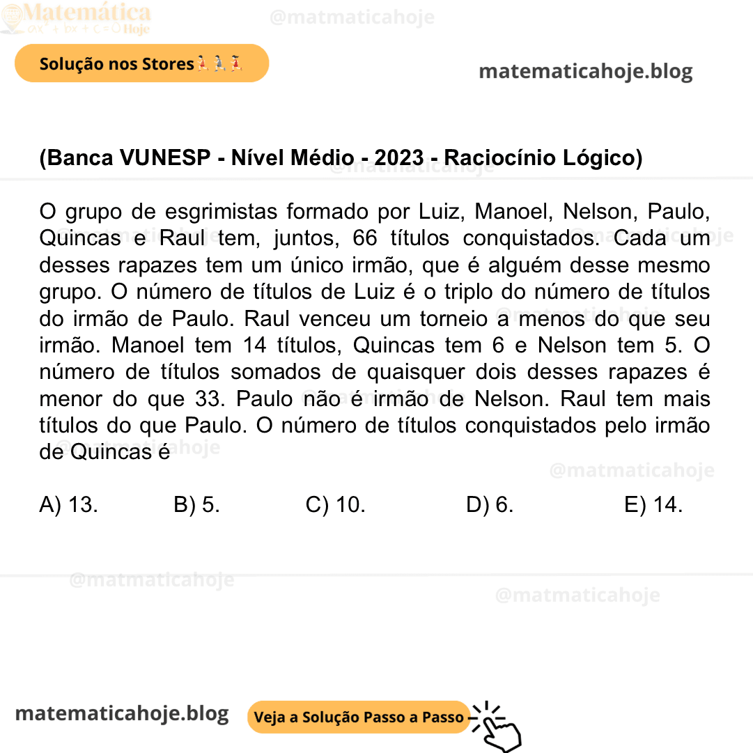 (Banca VUNESP - Nível Médio - 2023 - Raciocínio Lógico) O grupo de esgrimistas formado por Luiz, Manoel, Nelson, Paulo, Quincas e Raul tem, juntos, 66 títulos conquistados. Cada um desses rapazes tem um único irmão, que é alguém desse mesmo grupo. O número de títulos de Luiz é o triplo do número de títulos do irmão de Paulo. Raul venceu um torneio a menos do que seu irmão. Manoel tem 14 títulos, Quincas tem 6 e Nelson tem 5. O número de títulos somados de quaisquer dois desses rapazes é menor do que 33. Paulo não é irmão de Nelson. Raul tem mais títulos do que Paulo. O número de títulos conquistados pelo irmão de Quincas é A) 13. B) 5. C) 10. D) 6. E) 14.