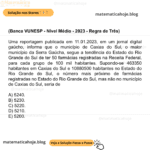 (Banca VUNESP - Nível Médio - 2023 - Regra de Três) Uma reportagem publicada em 11.01.2023, em um jornal digital gaúcho, informa que o município de Caxias do Sul, o maior município da Serra Gaúcha, segue a tendência do Estado do Rio Grande do Sul de ter 50 farmácias registradas na Receita Federal, para cada grupo de 100 mil habitantes. Supondo-se 463350 habitantes em Caxias do Sul e 10880500 habitantes no Estado do Rio Grande do Sul, o número mais próximo de farmácias registradas no Estado do Rio Grande do Sul, mas não no município de Caxias do Sul, seria de A) 5240. B) 5230. C) 5220. D) 5210. E) 5200.