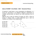 (Banca VUNESP - Nível Médio - 2023 - ) O terreno A, cuja forma é uma composição de retângulos, e o terreno B, cuja forma é um triângulo retângulo, apresentam as medidas apresentadas nas figuras que estão expressas fora de escala. Sabe-se que a área do terreno B supera em 20% a área do terreno A. Desse modo, é correto determinar que o valor da medida y, em metros, é um número entre A) 19 e 20. B) 20 e 21. C) 21 e 22. D) 22 e 23. E) 23 e 24.