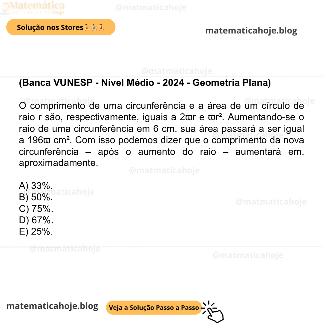 (Banca VUNESP - Nível Médio - 2024 - Geometria Plana) O comprimento de uma circunferência e a área de um círculo de raio r são, respectivamente, iguais a 2ϖr e ϖr². Aumentando-se o raio de uma circunferência em 6 cm, sua área passará a ser igual a 196ϖ cm². Com isso podemos dizer que o comprimento da nova circunferência – após o aumento do raio – aumentará em, aproximadamente, A) 33%. B) 50%. C) 75%. D) 67%. E) 25%.