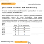 (Banca VUNESP - Nível Médio - 2024 - Média Aritmética) A tabela mostra o número de funcionários que trabalham em cada um dos 4 setores de uma empresa. Essa empresa criou um novo setor E, para o qual foram contratados determinado número de novos funcionários. Após essas contratações, a média aritmética do número de funcionários desses 5 setores ficou 2 unidades a menos do que a média aritmética dos 4 setores iniciais. O número de novos funcionários contratados para o setor E foi A) 5. B) 4. C) 6. D) 3. E) 2.