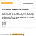 (Banca VUNESP - Nível Médio - 2024 - Porcentagem) A frota de veículos de uma empresa é formada por 20 carros, sendo 40% deles da cor branca e os demais da cor prata. Sabendo que 25% dos carros da cor branca e 50% dos carros da cor prata têm o logotipo da empresa pintado nas portas, então, em relação aos 20 carros da frota, aqueles que têm o logotipo pintado nas portas representam A) 75%. B) 60%. C) 55%. D) 40%. E) 35%.