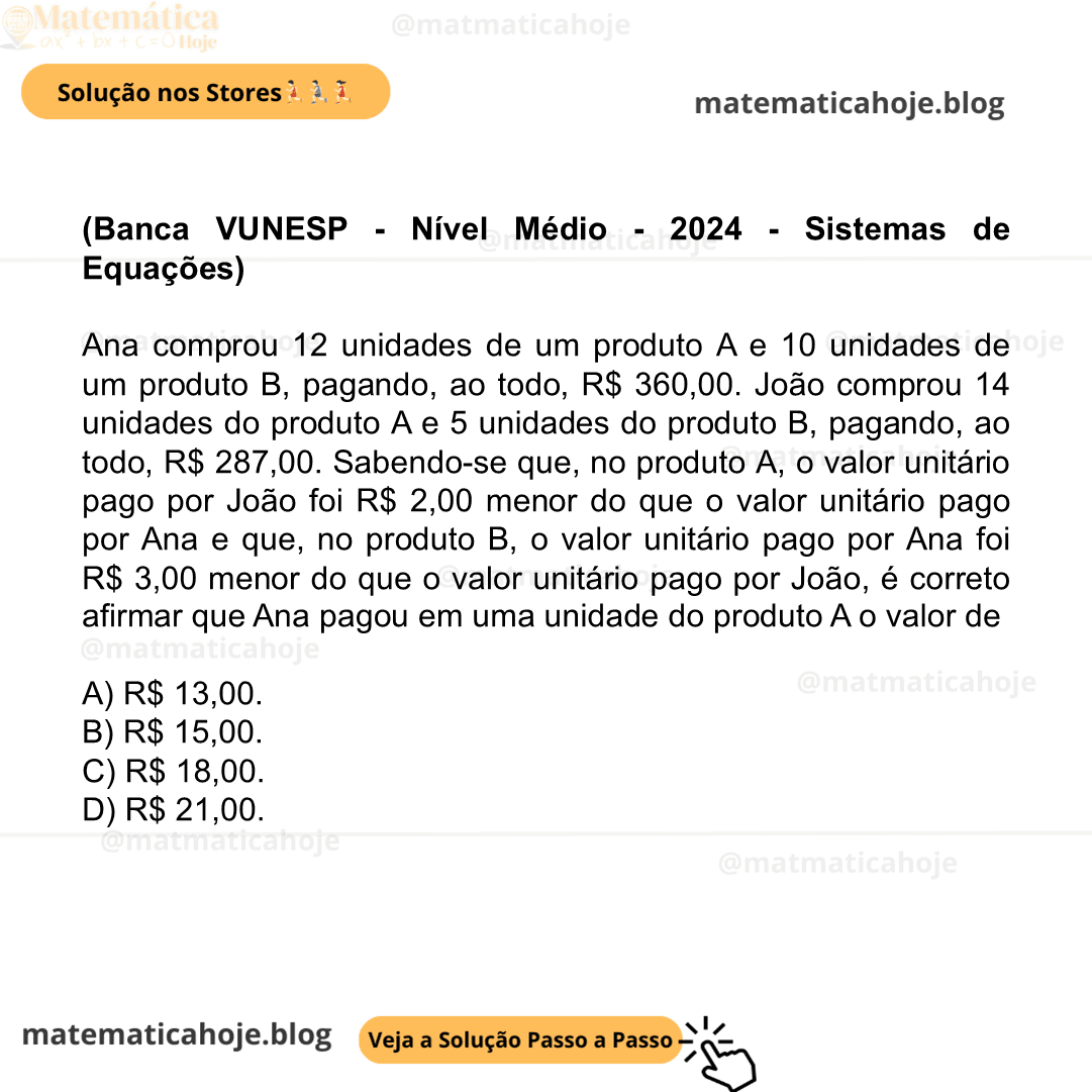 (Banca VUNESP - Nível Médio - 2024 - Sistemas de Equações) Ana comprou 12 unidades de um produto A e 10 unidades de um produto B, pagando, ao todo, R$ 360,00. João comprou 14 unidades do produto A e 5 unidades do produto B, pagando, ao todo, R$ 287,00. Sabendo-se que, no produto A, o valor unitário pago por João foi R$ 2,00 menor do que o valor unitário pago por Ana e que, no produto B, o valor unitário pago por Ana foi R$ 3,00 menor do que o valor unitário pago por João, é correto afirmar que Ana pagou em uma unidade do produto A o valor de A) R$ 13,00. B) R$ 15,00. C) R$ 18,00. D) R$ 21,00.