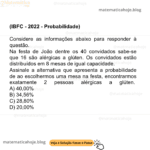 IBFC - 2022 - Probabilidade) Considere as informações abaixo para responder à questão. Na festa de João dentre os 40 convidados sabe-se que 16 são alérgicas a glúten. Os convidados estão distribuídos em 8 mesas de igual capacidade. Assinale a alternativa que apresenta a probabilidade de ao escolhermos uma mesa na festa, encontrarmos exatamente 2 pessoas alérgicas a glúten. A) 40,00% B) 34,56% C) 28,80% D) 20,00%