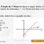 (IBFC - 2023 - Função de 1º Grau) Na figura a seguir, temos uma reta passando pelo ponto de ordenada y = −2 e forma com eixo x um ângulo de 45º. Diante do exposto, determine a equação da reta r. A) x − y + √2 = 0 B) √2x − 2y − 4 = 0 C) x + y − 4 = 0 D) √2 / 2 x − 2y − 4 = 0 E) x − y − 2 = 0