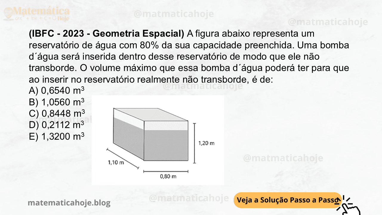 (IBFC - 2023 - Geometria Espacial) A figura abaixo representa um reservatório de água com 80% da sua capacidade preenchida. Uma bomba d´água será inserida dentro desse reservatório de modo que ele não transborde. O volume máximo que essa bomba d´água poderá ter para que ao inserir no reservatório realmente não transborde, é de: A) 0,6540 m3 B) 1,0560 m3 C) 0,8448 m3 D) 0,2112 m3 E) 1,3200 m3