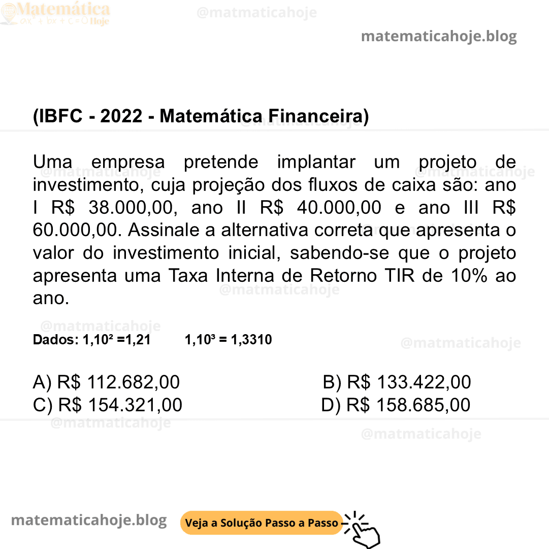 (IBFC - 2022 - Matemática Financeira) Uma empresa pretende implantar um projeto de investimento, cuja projeção dos fluxos de caixa são: ano I R$ 38.000,00, ano II R$ 40.000,00 e ano III R$ 60.000,00. Assinale a alternativa correta que apresenta o valor do investimento inicial, sabendo-se que o projeto apresenta uma Taxa Interna de Retorno TIR de 10% ao ano. Dados: 1,10² =1,21 1,10³ = 1,3310 A) R$ 112.682,00 B) R$ 133.422,00 C) R$ 154.321,00 D) R$ 158.685,00