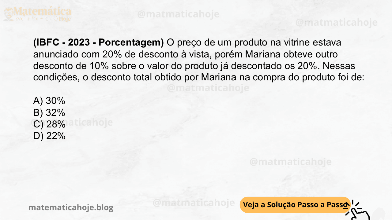 (IBFC - 2023 - Porcentagem) O preço de um produto na vitrine estava anunciado com 20% de desconto à vista, porém Mariana obteve outro desconto de 10% sobre o valor do produto já descontado os 20%. Nessas condições, o desconto total obtido por Mariana na compra do produto foi de: A) 30% B) 32% C) 28% D) 22%