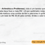 (IBFC - 2024 - Aritmética e Problemas) João é um taxista que cobra R$ 2,50 pela bandeirada (taxa fixa) e mais R$ 1,20 por quilômetro rodado. Em um dia de trabalho, ele realizou uma corrida de táxi e percorreu k quilômetros. O cliente pagou um total de R$ 38,50 pela corrida. Então o valor de k é: A) 20 km B) 34 km C) 28 km D) 30 km E) 36 km