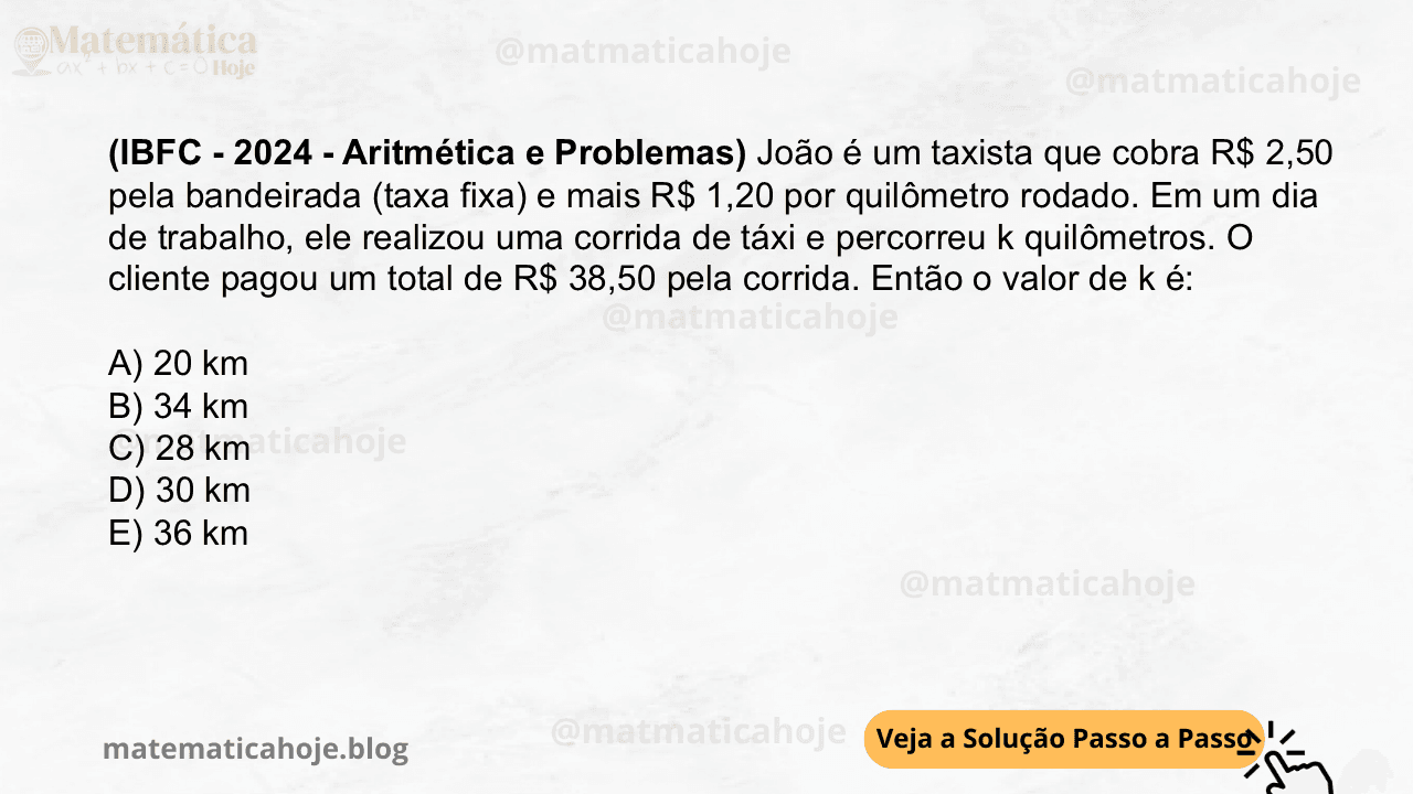 (IBFC - 2024 - Aritmética e Problemas) João é um taxista que cobra R$ 2,50 pela bandeirada (taxa fixa) e mais R$ 1,20 por quilômetro rodado. Em um dia de trabalho, ele realizou uma corrida de táxi e percorreu k quilômetros. O cliente pagou um total de R$ 38,50 pela corrida. Então o valor de k é: A) 20 km B) 34 km C) 28 km D) 30 km E) 36 km