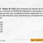 (IBFC - 2024 - Regra de Três) Uma empresa de eventos de festas infantis, cobra uma taxa de R$ 600,00 referente à decoração e mais R$ 15,00 por cada pessoa que comparece à festa organizada por eles. O valor cobrado pela empresa para uma festa que compareceram 50 pessoas, é de: A) R$ 3.000,00 B) R$ 3.015,00 C) R$ 1.750,00 D) R$ 1.500,00 E) R$ 1.350,00