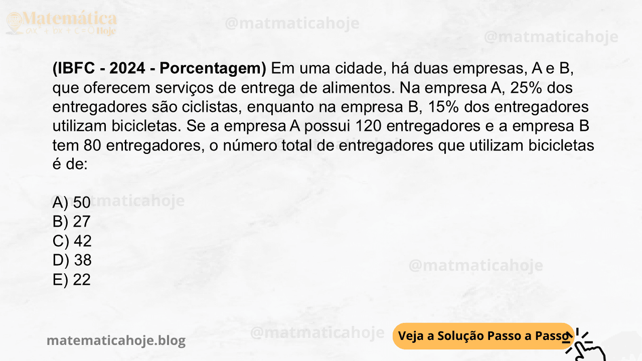 (IBFC - 2024 - Porcentagem) Em uma cidade, há duas empresas, A e B, que oferecem serviços de entrega de alimentos. Na empresa A, 25% dos entregadores são ciclistas, enquanto na empresa B, 15% dos entregadores utilizam bicicletas. Se a empresa A possui 120 entregadores e a empresa B tem 80 entregadores, o número total de entregadores que utilizam bicicletas é de: A) 50 B) 27 C) 42 D) 38 E) 22
