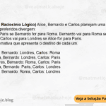 (IBFC - 2024 - Raciocínio Lógico) Alice, Bernardo e Carlos planejam uma viagem, mas seus destinos preferidos divergem: Alice vai para Paris se Bernardo for para Roma. Bernardo vai para Roma se Carlos for para Londres. Carlos vai para Londres se Alice for para Paris. Assinale a alternativa que apresenta o destino de cada um. A) Alice: Paris, Bernardo: Londres, Carlos: Roma B) Alice: Roma, Bernardo: Londres, Carlos: Paris C) Alice: Londres, Bernardo: Roma, Carlos: Paris D) Alice: Roma, Bernardo: Paris, Carlos: Londres E) Alice: Paris, Bernardo: Roma, Carlos: Londres
