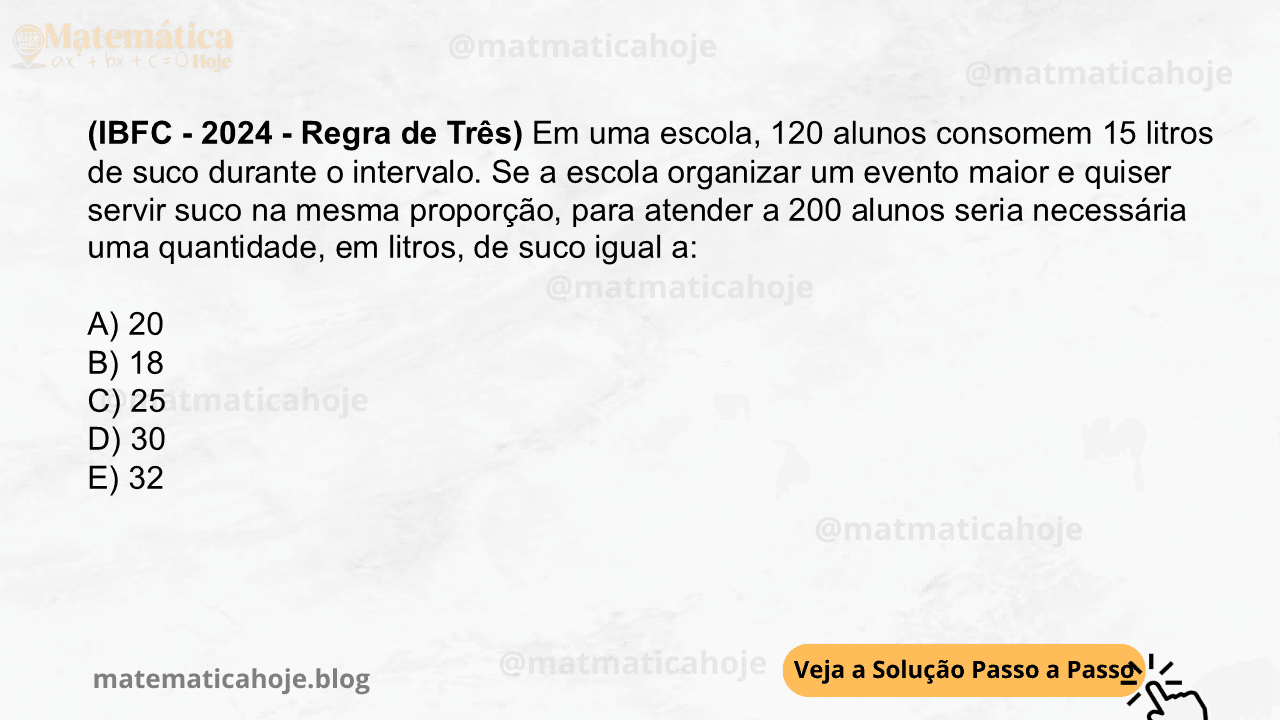 (IBFC - 2024 - Regra de Três) Em uma escola, 120 alunos consomem 15 litros de suco durante o intervalo. Se a escola organizar um evento maior e quiser servir suco na mesma proporção, para atender a 200 alunos seria necessária uma quantidade, em litros, de suco igual a: A) 20 B) 18 C) 25 D) 30 E) 32