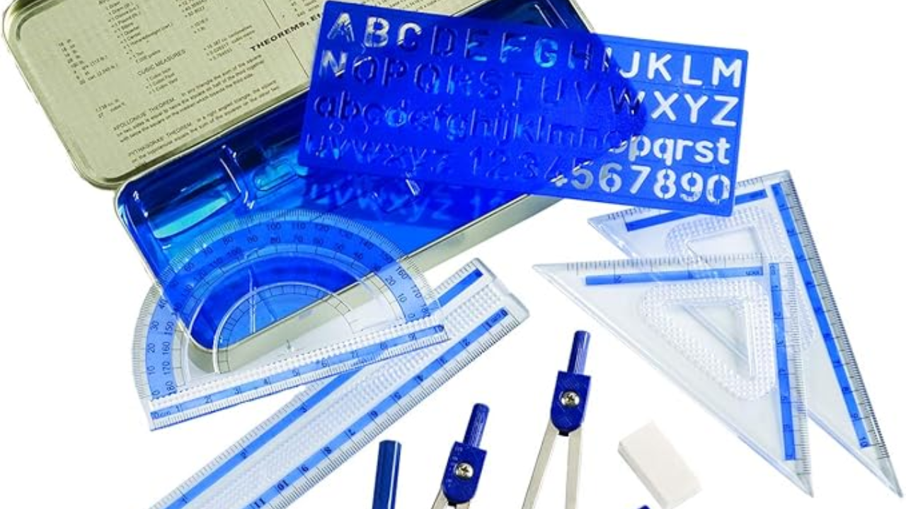 Alvin Kit de Instrumentos Matemáticos Kit geométrico Alvin MS10 Ferramentas de desenho técnico Bússola e divisor de metal Triângulos de precisão para geometria Régua de 15 cm e transferidor Ferramentas para estudantes e profissionais Conjunto de desenho para arquitetura Instrumentos matemáticos de alta qualidade Caixa de metal para ferramentas geométricas