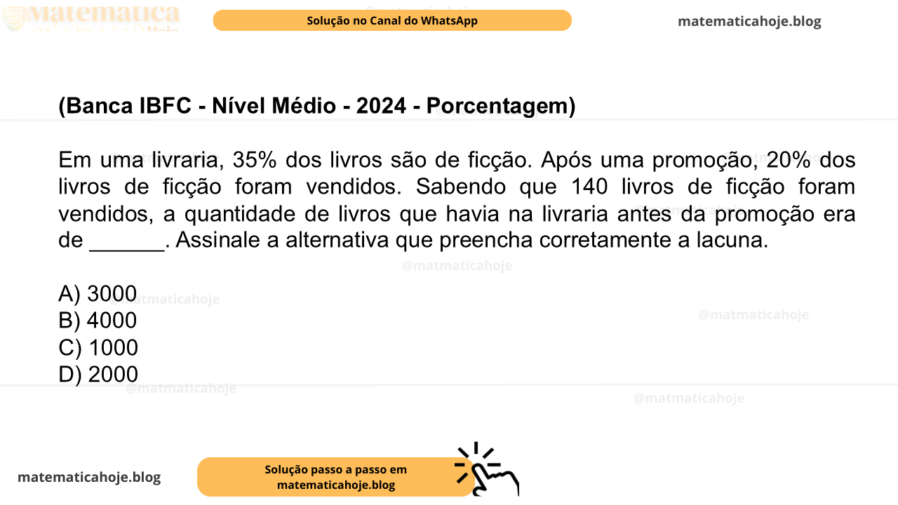 (Banca IBFC - Nível Médio - 2024 - Porcentagem) Em uma livraria, 35% dos livros são de ficção. Após uma promoção, 20% dos livros de ficção foram vendidos. Sabendo que 140 livros de ficção foram vendidos, a quantidade de livros que havia na livraria antes da promoção era de ______. Assinale a alternativa que preencha corretamente a lacuna. A) 3000 B) 4000 C) 1000 D) 2000