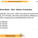 (Banca IBFC - Nível Médio - 2024 - Razão e Proporção) Duas torneiras abertas, uma com o dobro da vazão da outra enchem um tanque, que estava vazio, em 18 horas. Se mais uma torneira, idêntica à de maior vazão, fosse aberta, então o tanque seria completamente cheio em: A) 10 horas e 12 minutos B) 10 horas e 20 minutos C) 10 horas e 48 minutos D) 10 horas e 80 minutos