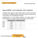 (Banca VUNESP - Nível Fundamental - 2019 - Estatística) A tabela mostra algumas informações sobre o número de alunos que saíram do colégio durante o período de aulas, no decorrer de uma semana, com a autorização dos pais. Considerando os 5 dias dessa semana, na média, saíram 4 alunos por dia. O número de alunos que saíram na 6ª feira foi A) 10. B) 9. C) 8. D) 7. E) 6.